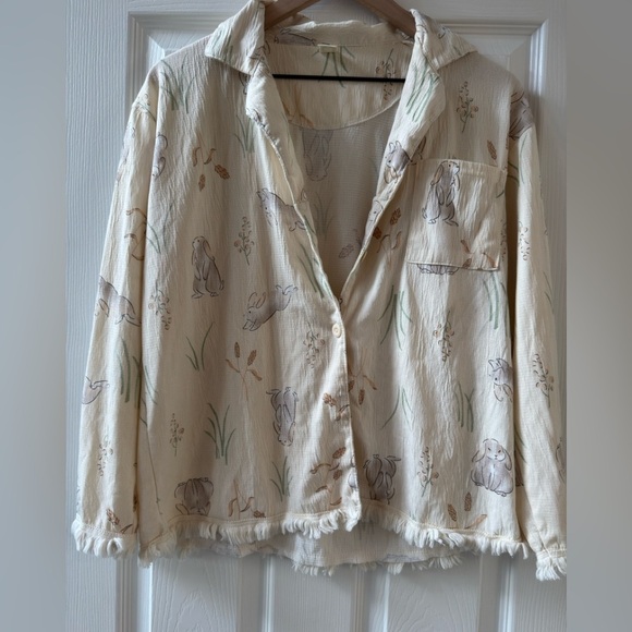 Cream Bunny Print Button-Up light weight Shirt - Picture 1 of 5